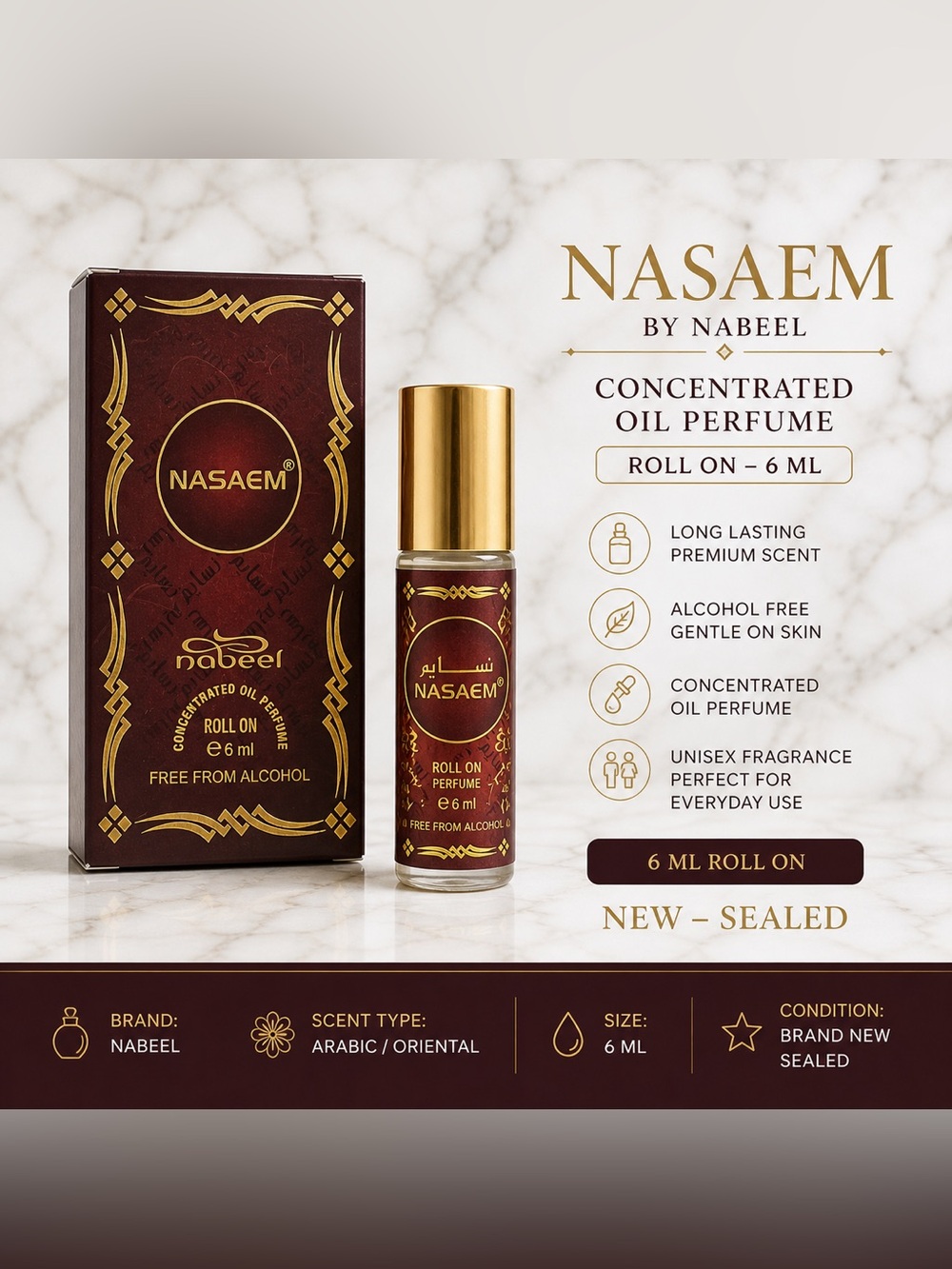 Nabeel NASAEM Concentrated Oil Perfume Roll On 6 ml Alcohol Free New